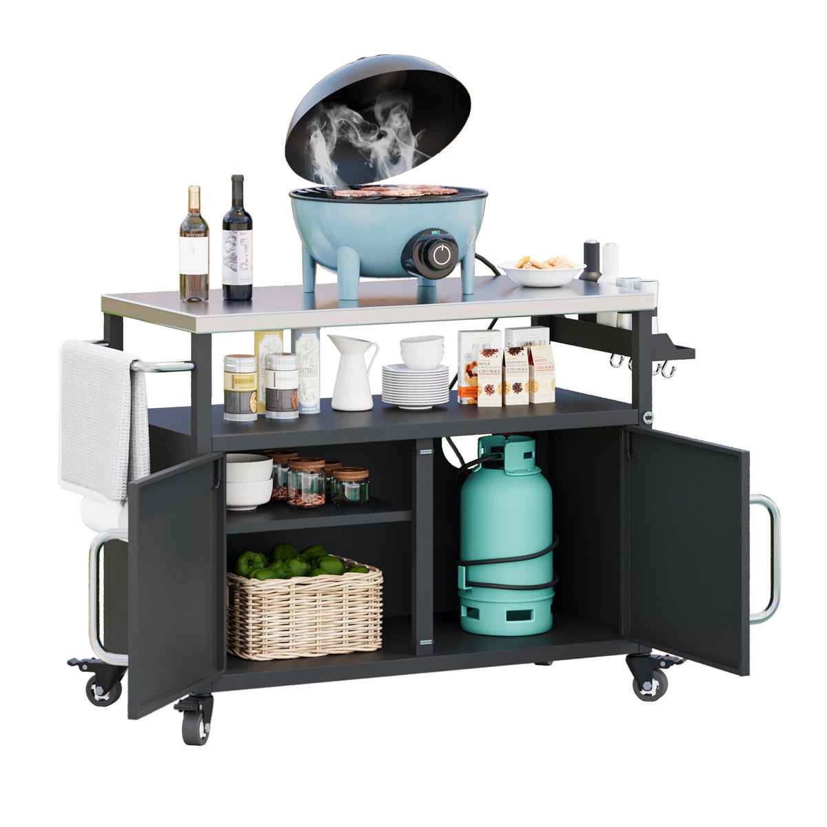 Roomfitters 54.5" Outdoor Kitchen Island with Stainless Steel Top, Rolling Grill Prep Cart with Propane Tank Storage, Black