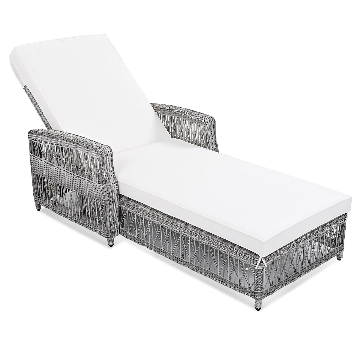 Roomfitters Outdoor Reclining Chaise, Wicker Lounge Chair with Armrests & Soft Cushions, Adjustable Poolside Recliner, Beige Roomfitters