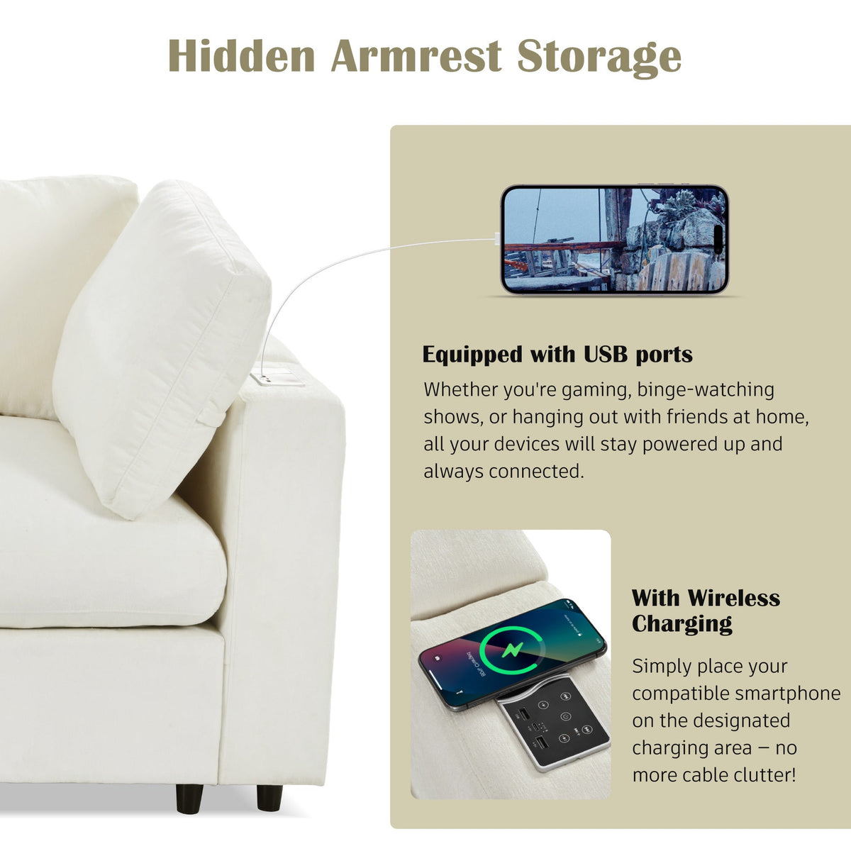 Roomfitters Upholstered Modular Sofa with Storage, 4-Seater Chenille Sectional, Smart Charging Hub, Bluetooth Speaker Roomfitters