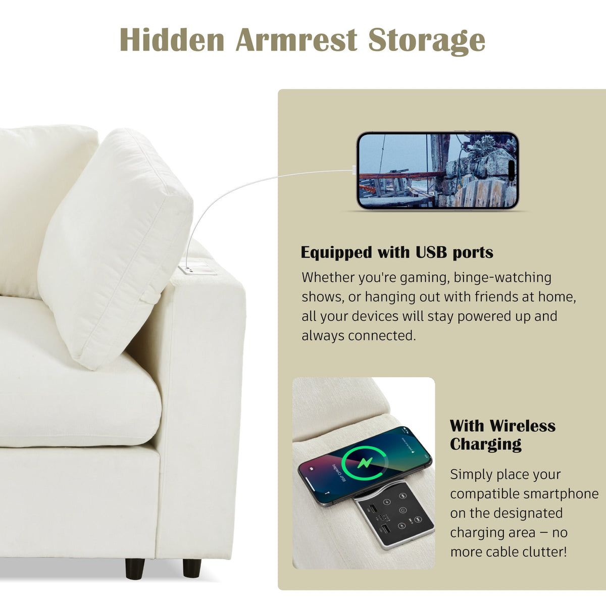 Roomfitters 133.5" Upholstered Modular Sectional Sofa with Storage Space and Built-in USB Charging for Living Room, Beige Roomfitters