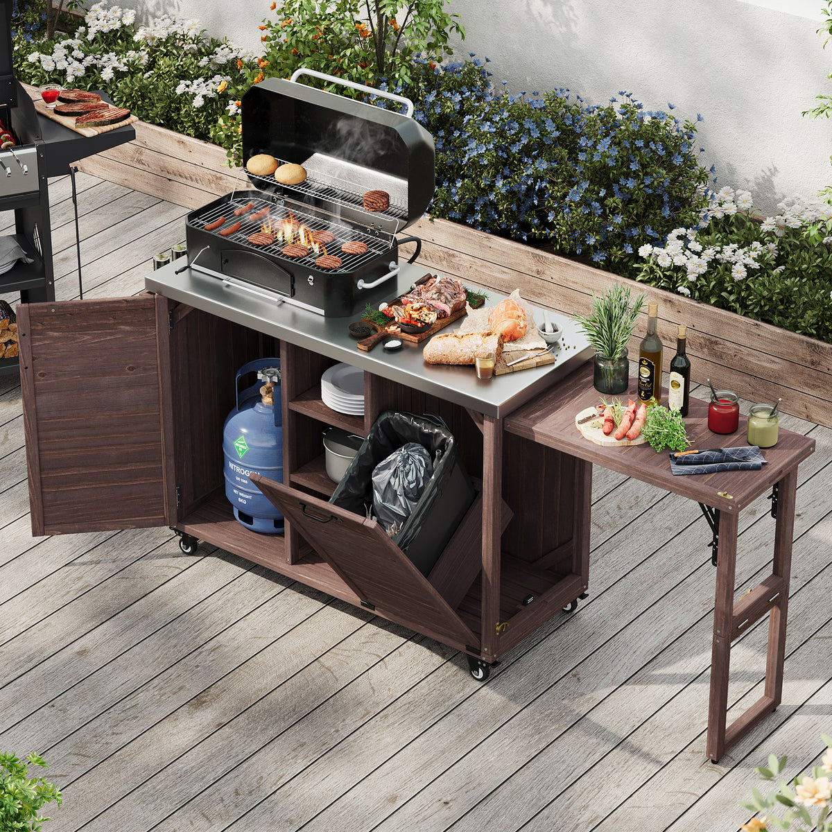 variant-group:rf-n707p370276z|Roomfitters 78.3" Outdoor Kitchen Island with Foldable Grill Table, Stainless Steel Top & Tilt Trash Can Storage, Dark Brown