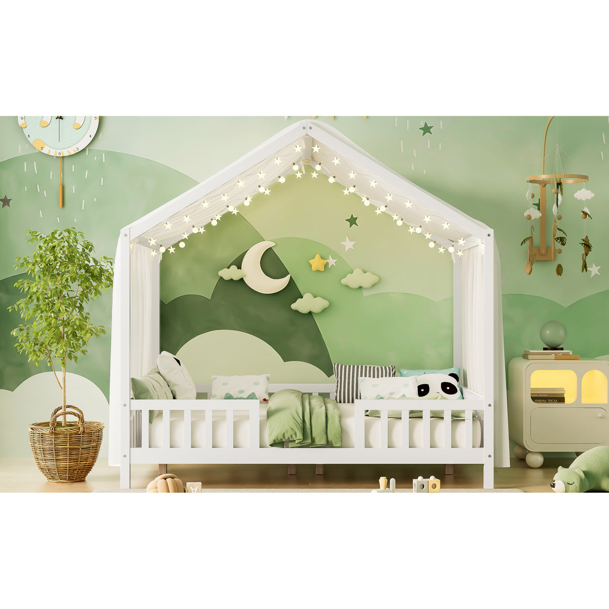 variant-group:rf-n733p356048k|Roomfitters Full Montessori Floor Bed with Canopy, House Shape Wood Frame with Safety Rails, Platform Bed, White