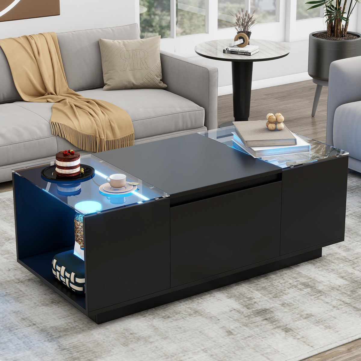 variant-group:rf-n724p290056b|Roomfitters Modern Center Coffee Table with High Gloss Finish, Glass Top and Hidden Storage Compartments, Black
