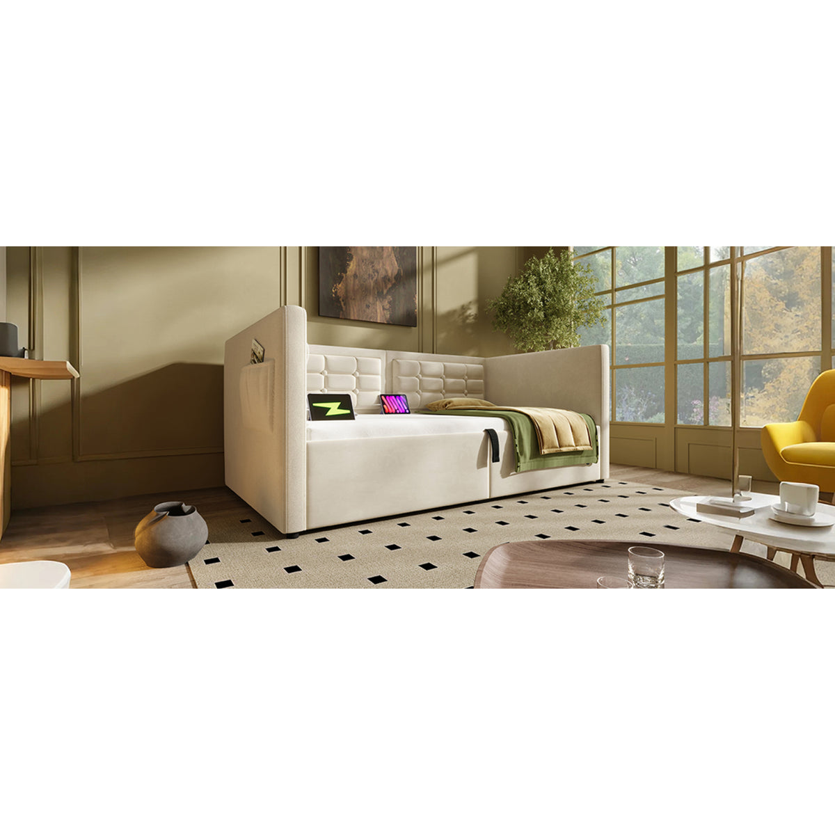 variant-group:rf-n736p303402b|Roomfitters Upholstered Twin Size Daybed with Storage, USB & Type-C Charging, Tufted Sofa Back, Velvet Beige