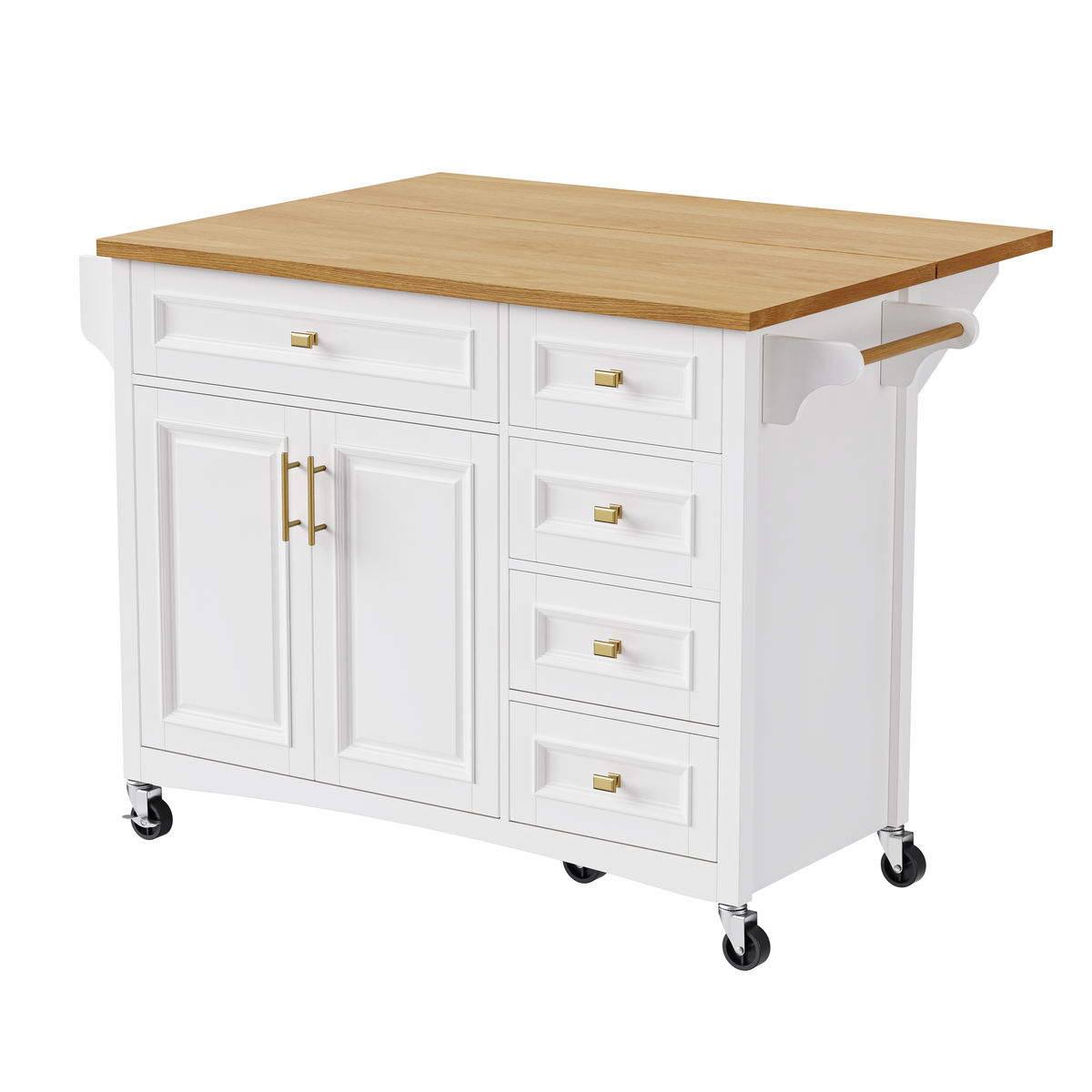 variant-group:rf-n707p195393w|Roomfitters 52" Kitchen Island with Drop Leaf, Rolling Kitchen Cart with Storage Cabinet, Spice Rack, Towel Rack, Adjustable Shelf, White