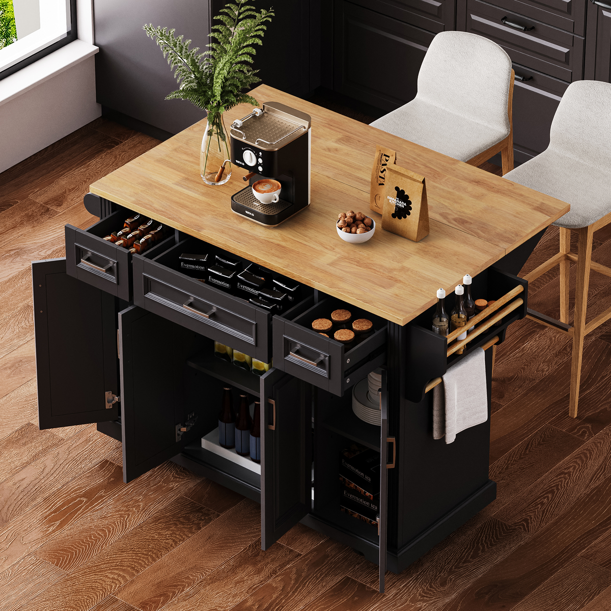 variant-group:rf-n707s195395b|Roomfitters 54" Kitchen Island with Wood Top, Rolling Storage Cabinet with 3 Drawers and 3 Doors, Spice Rack, Black