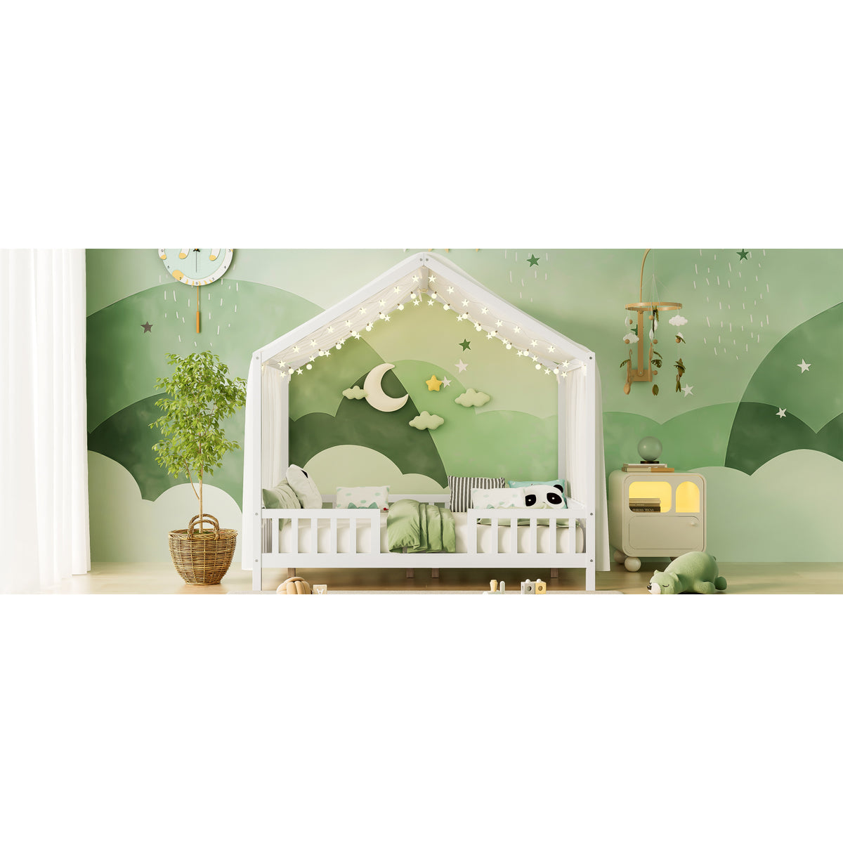 variant-group:rf-n733p356048k|Roomfitters Full Montessori Floor Bed with Canopy, House Shape Wood Frame with Safety Rails, Platform Bed, White