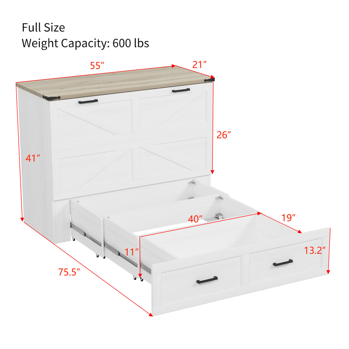 variant-group:rf-n733s237853w|Roomfitters Full Size Farmhouse Murphy Cabinet Bed with Charging Station, Foldable Platform Bed with Large Storage for Guest Room, Small Bedroom, White