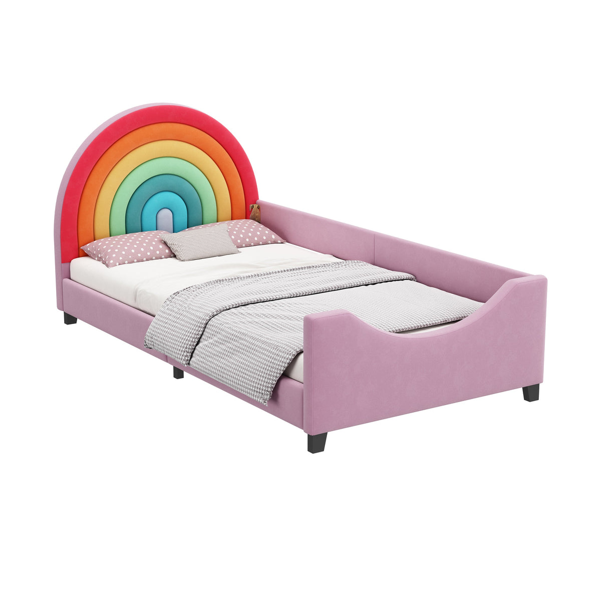 Roomfitters Twin Size Rainbow Upholstered Daybed Frame, Low to Ground Cute Princess Bed, Enclosed Fence, Colorful & Pink Roomfitters