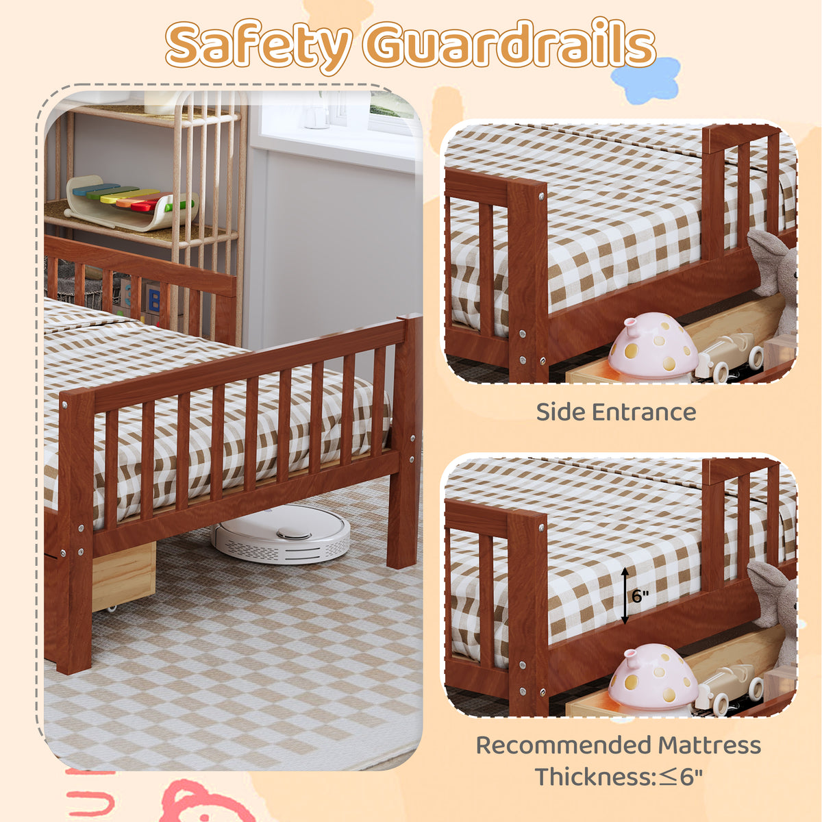 variant-group:rf-n733p272374d|Roomfitters Twin Bed with Headboard Storage Rack, Under-Bed Storage and Three-Side Guardrails, Walnut