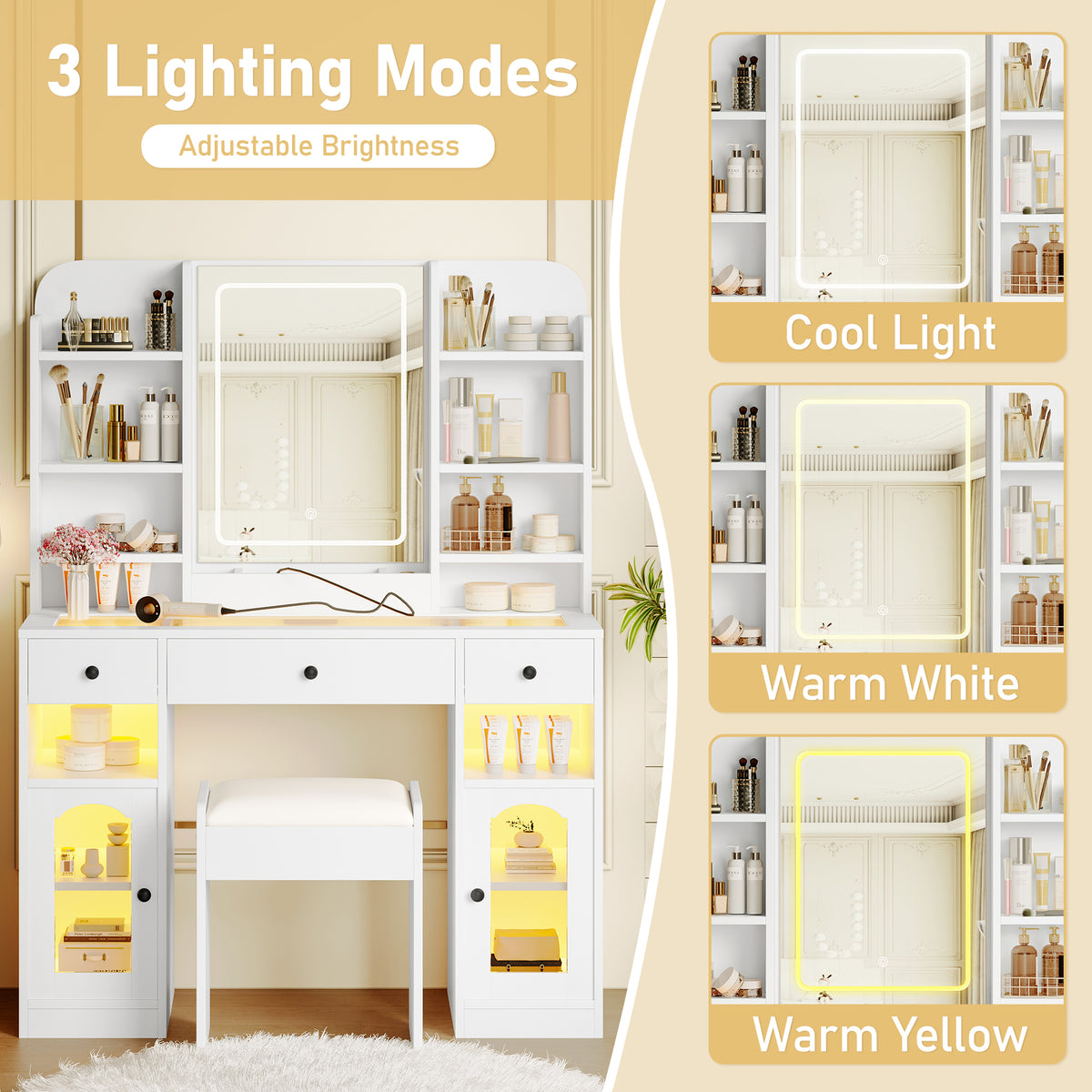 variant-group:rf-n704p407114k|Roomfitters 43.2" Makeup Vanity Desk with LED Lighted Mirror, Glass Door Cabinets, Charging Station and Stool, White
