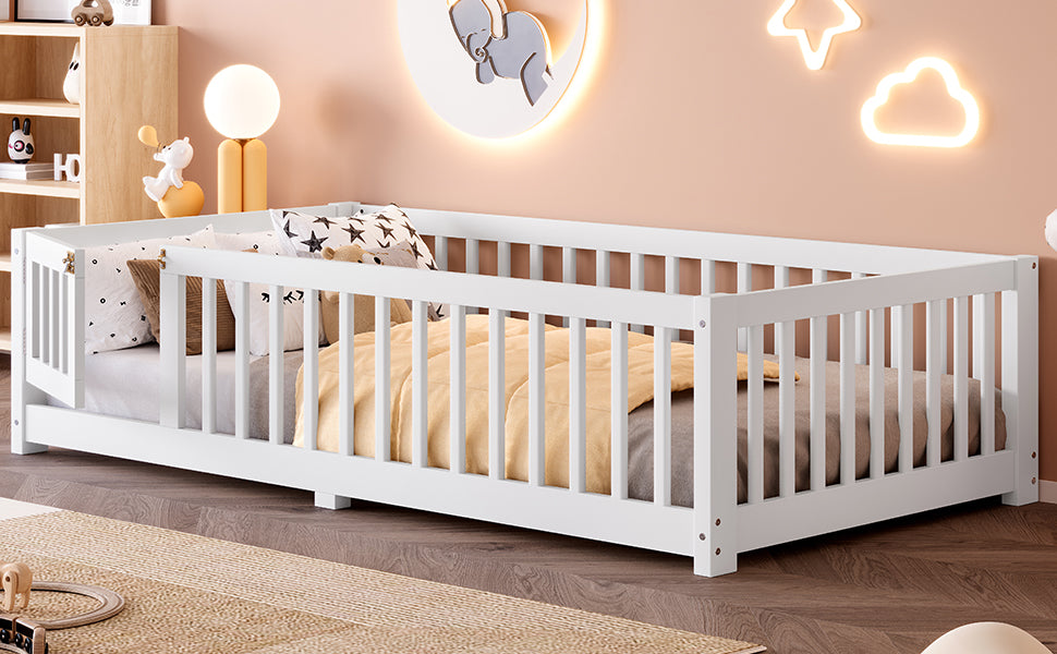 variant-group:rf-w1580p338944|Roomfitters Wooden Twin Floor Bed Frame with Door & Safety Guardrails, Low Platform Design for Bedroom or Playroom, White