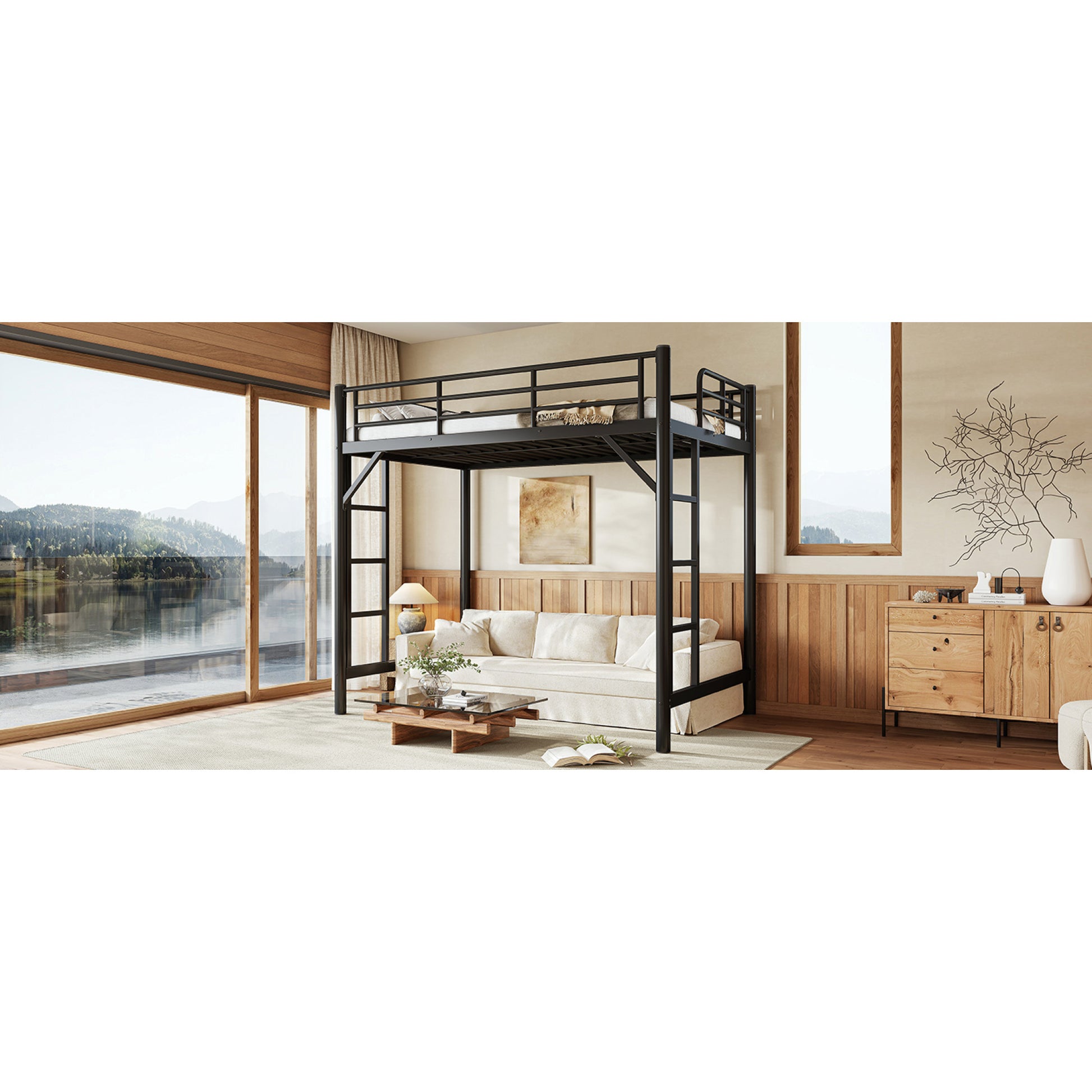 variant-group:rf-w1580p455010|Roomfitters Twin Size Metal Loft Bed Frame with Guardrails, Heavy Duty Space Saving High Loft Bed Dual Ladders, Black