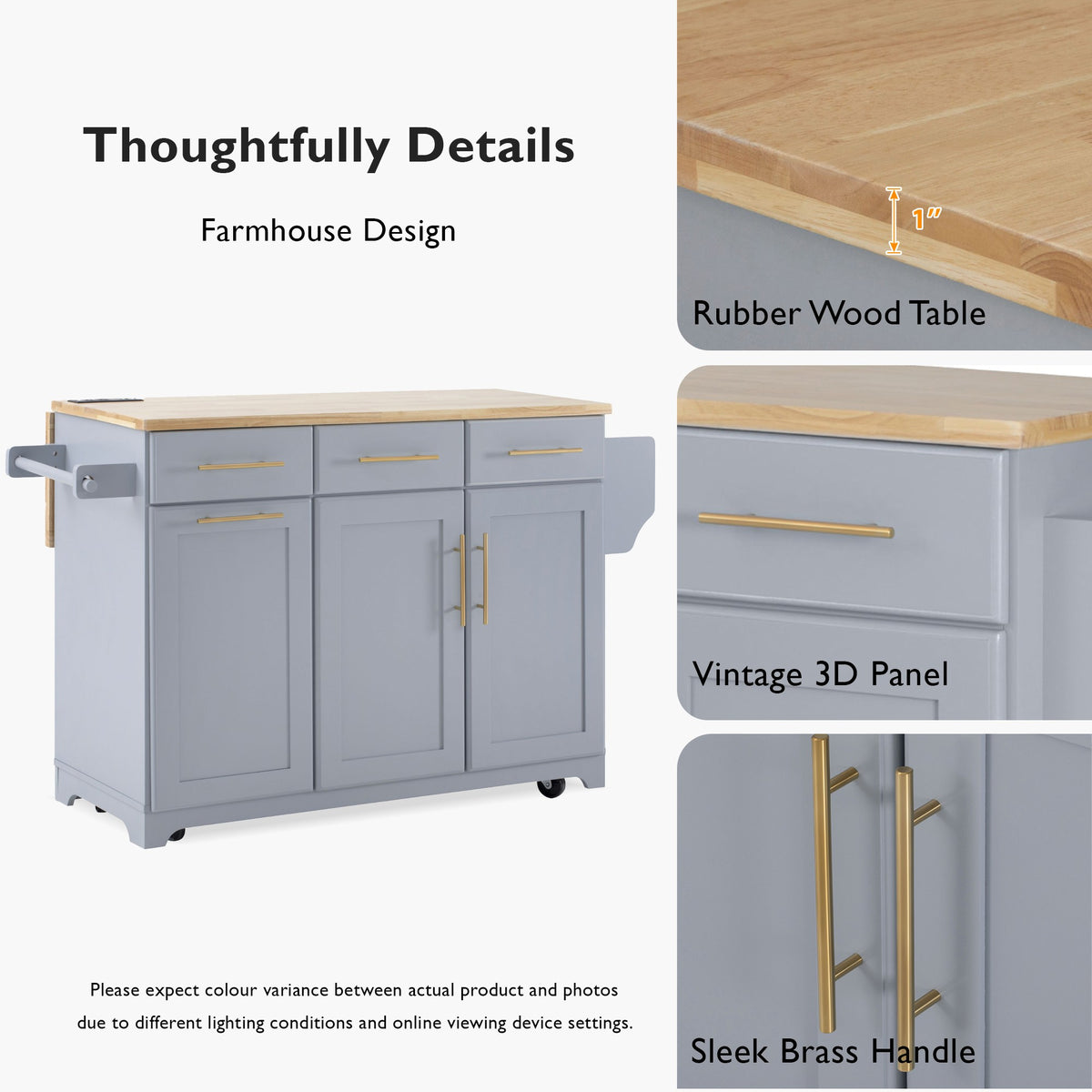 variant-group:rf-n707s299014g|Roomfitters 59.3" Kitchen Island with Power Outlet, Drop Leaf and Double Trash Can Pull Out, Rolling Cart, Grey+Blue