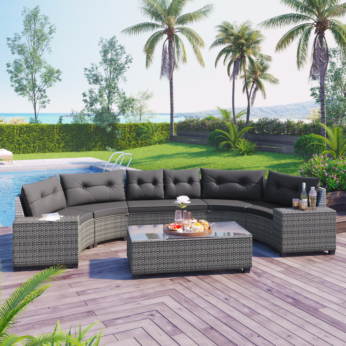 Roomfitters 8-Piece Half Moon Curved Outdoor Sectional Sofa Set, Grey PE Rattan Wicker Patio Furniture with Coffee Table, Gray Roomfitters