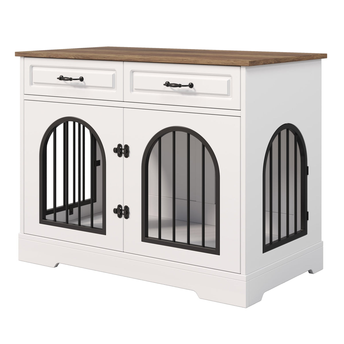 Roomfitters 43-Inch Heavy Duty Indoor Dog Crate Furniture End Table with Escape Proof Arched Doors White Brown Roomfitters