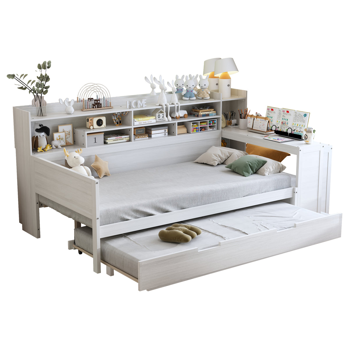 variant-group:rf-n733s373389k|Roomfitters Twin Daybed with Trundle, Storage Shelves and Desk, Wooden Multi-Functional Bed, Antique White