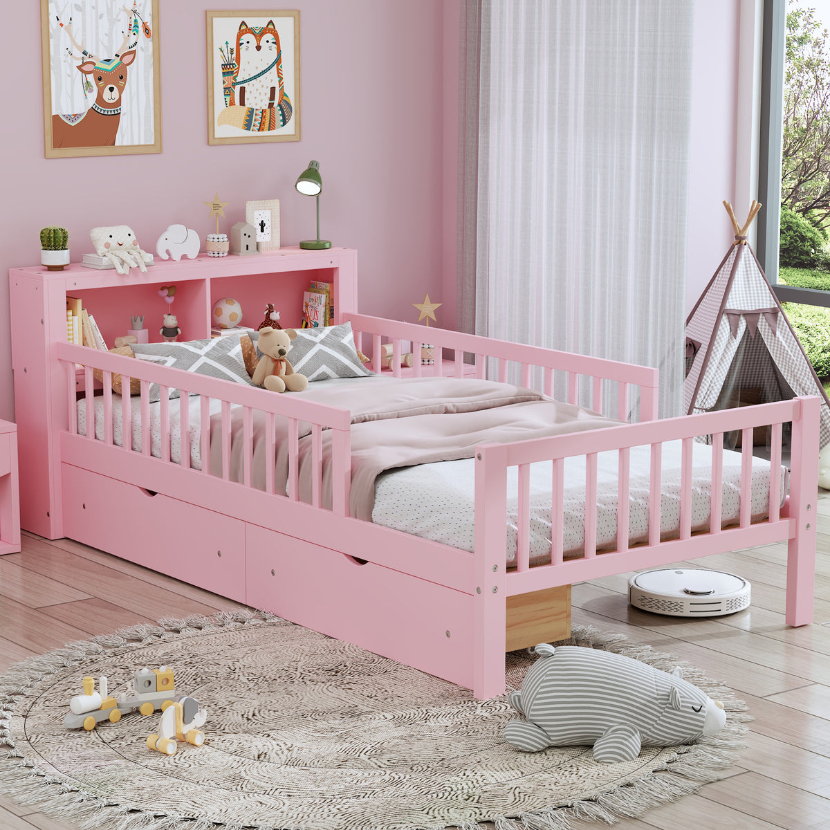 variant-group:rf-n733p272374h|Roomfitters Twin Bed with Headboard Storage Rack, Under-Bed Storage and Three-Side Guardrails, Pink