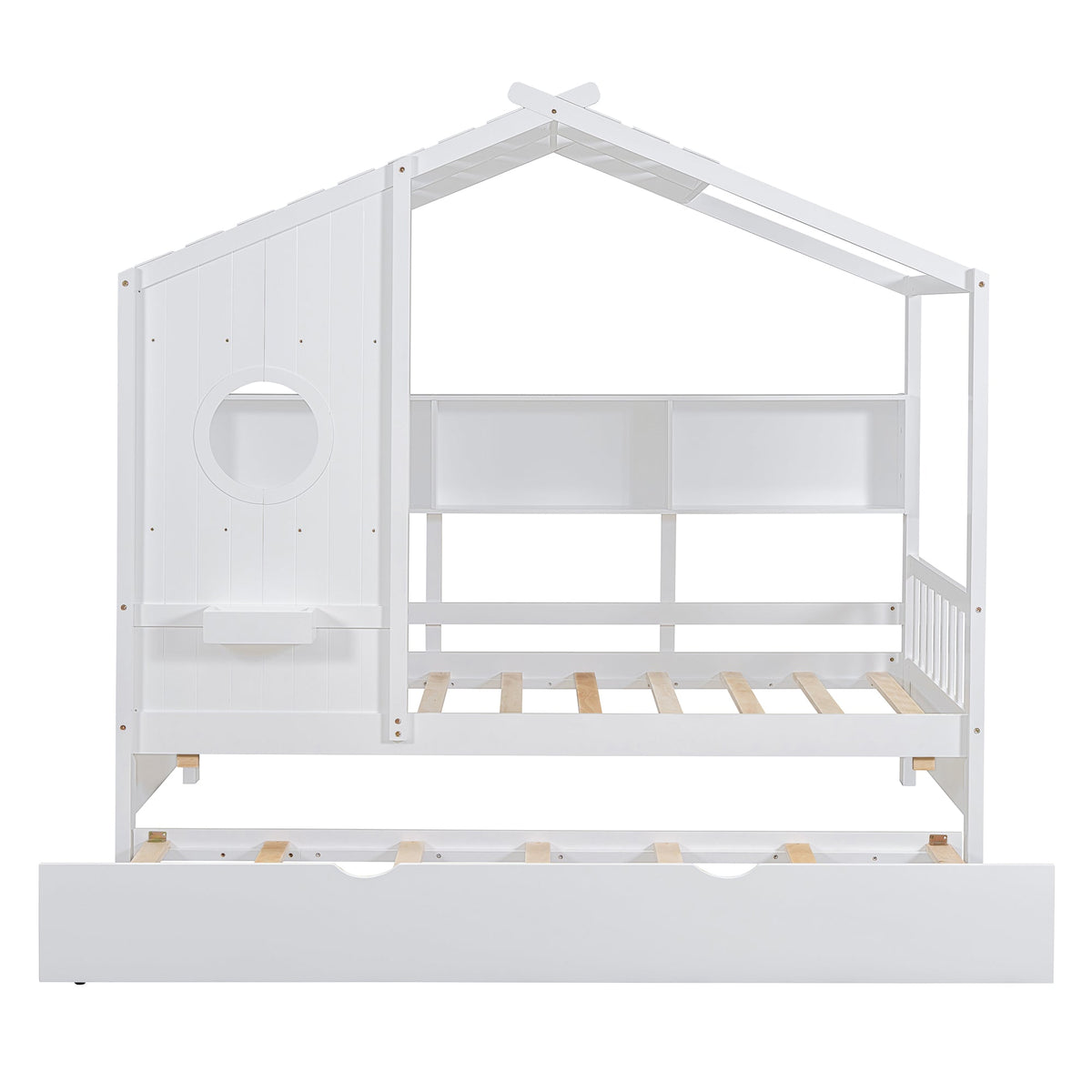 Roomfitters Wooden Twin Size House Bed with Trundle and Storage Shelf, White