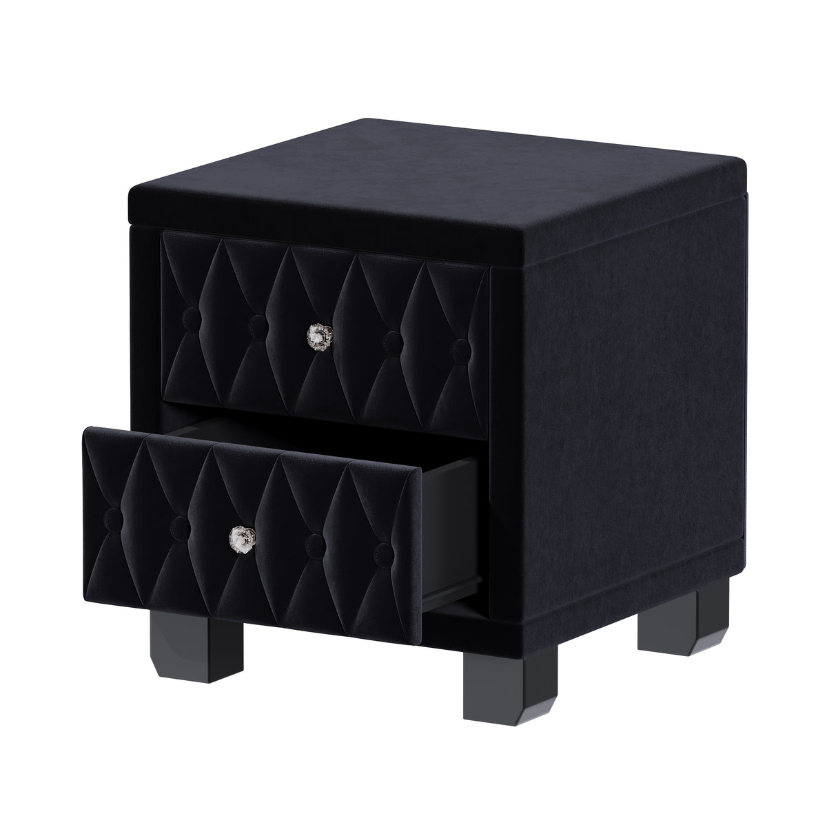 variant-group:rf-n733p210398b|Roomfitters Velvet Nightstand with Crystal Handles, Button-Tufted Upholstered Bedside Table with Two Storage Compartments, Black