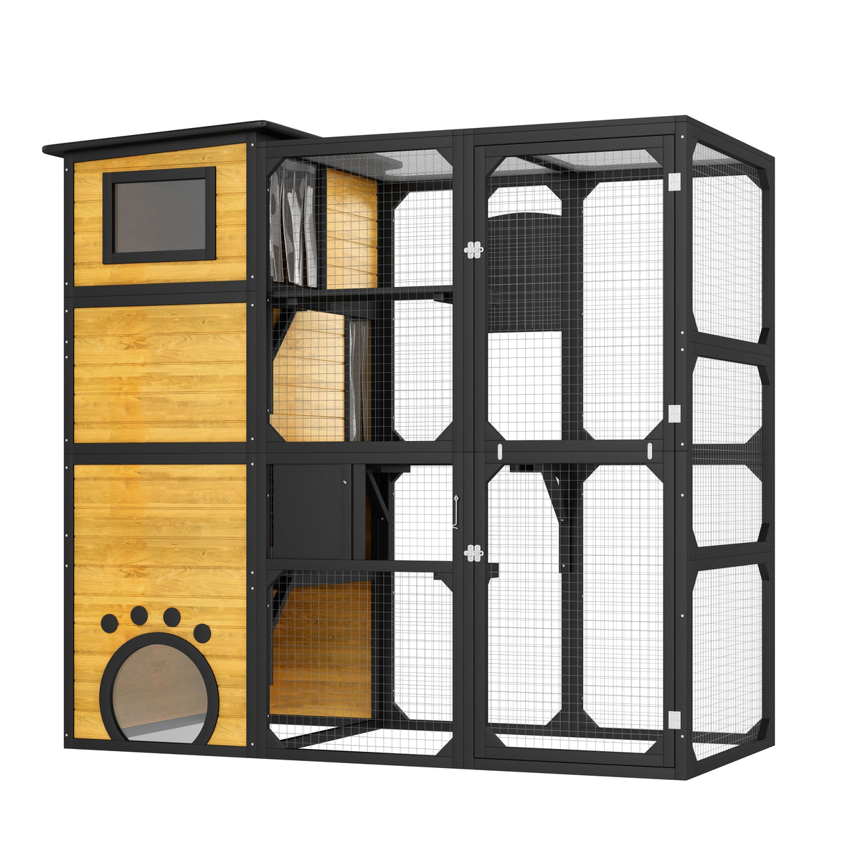 Roomfitters Large Outdoor Cat Catio Enclosure Weatherproof Attached to Window Multi-Tier Cat House Brown Roomfitters