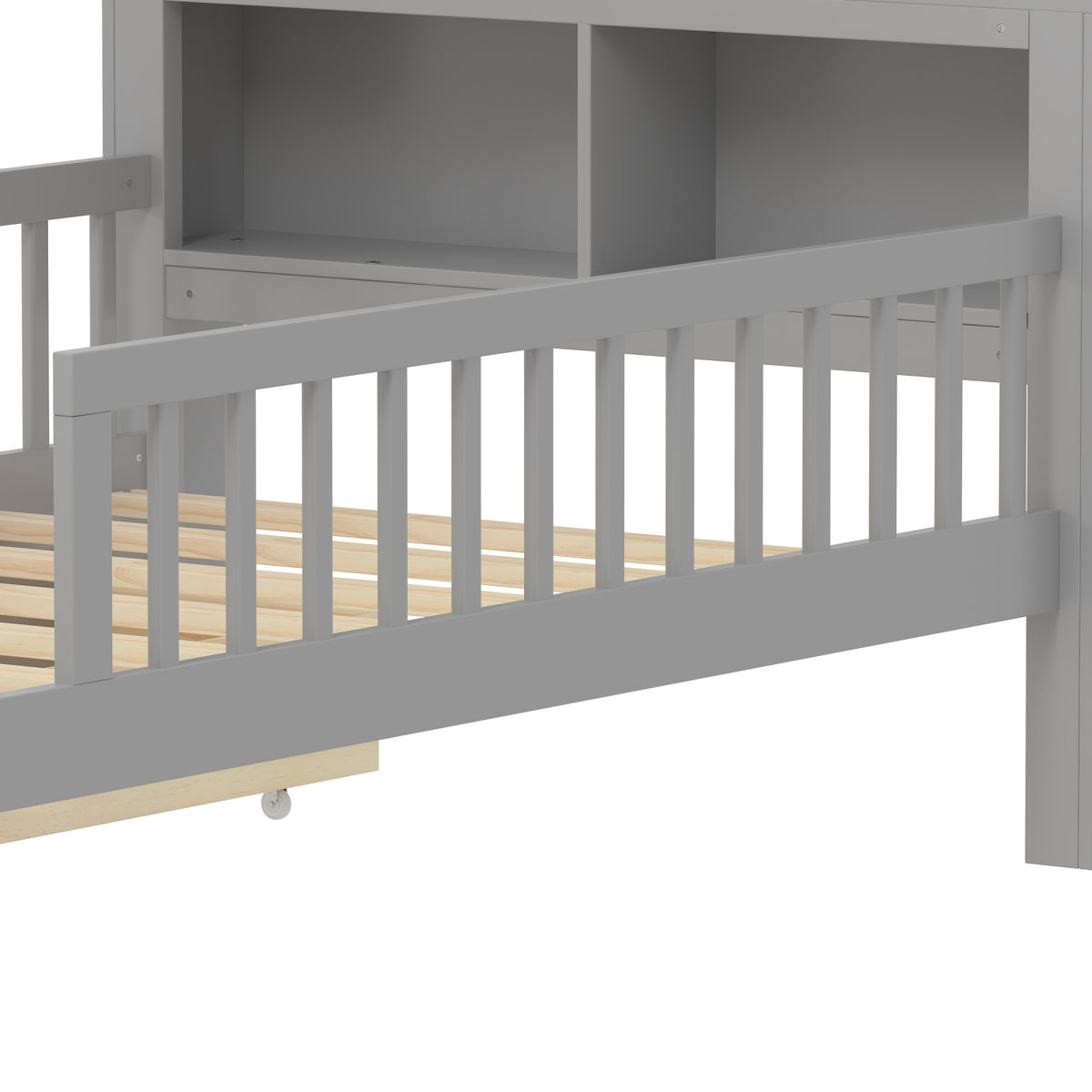 variant-group:rf-n733p272374e|Roomfitters Twin Bed with Headboard Storage Rack, Under-Bed Storage and Three-Side Guardrails, Gray