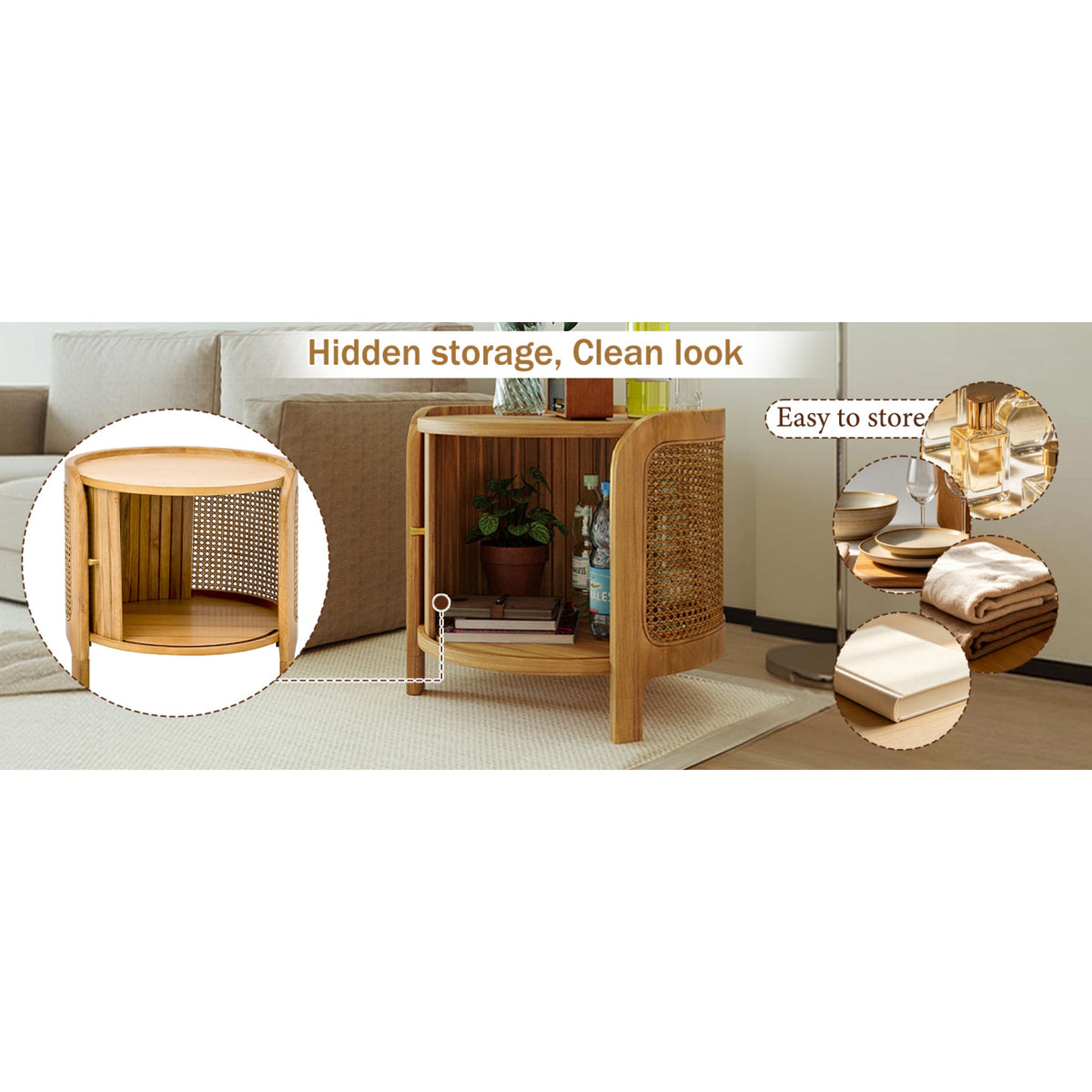 Roomfitters Modern Round Rotating Coffee Table with Woven PE Rattan Details, Antique Brown Roomfitters