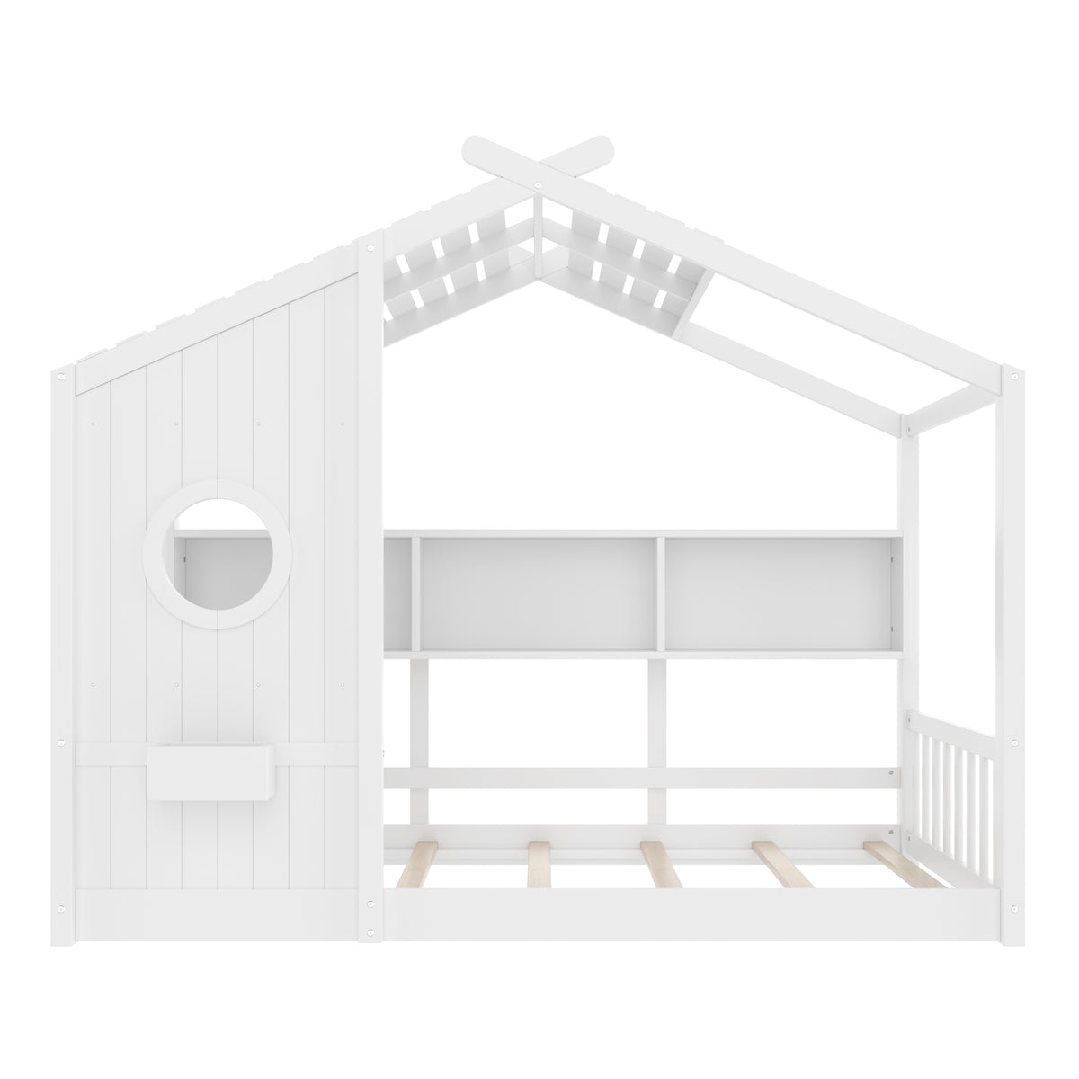 variant-group:rf-n733p335064k|Roomfitters Twin Size Floor House Bed with Storage Shelf and Roof Design, Montessori Playhouse Bed, White