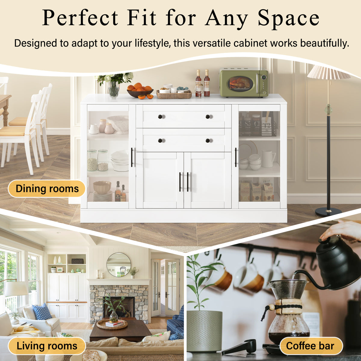 variant-group:rf-n711p437648k|Roomfitters Contemporary White Melamine MDF Buffet Sideboard Storage Cabinet Acrylic Doors Dining Room Kitchen Console