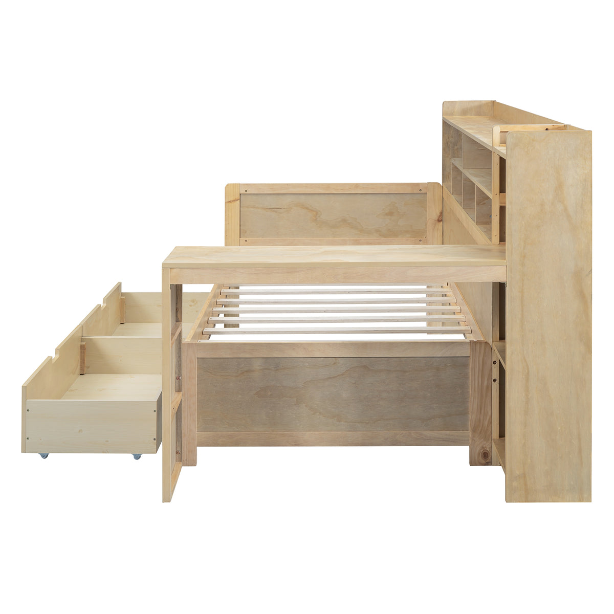 variant-group:rf-n733s241484m|Roomfitters Wooden Twin Size Daybed with Storage Shelves, Multi-functional Bed with Two Storage Compartments and Study Desk, Natural