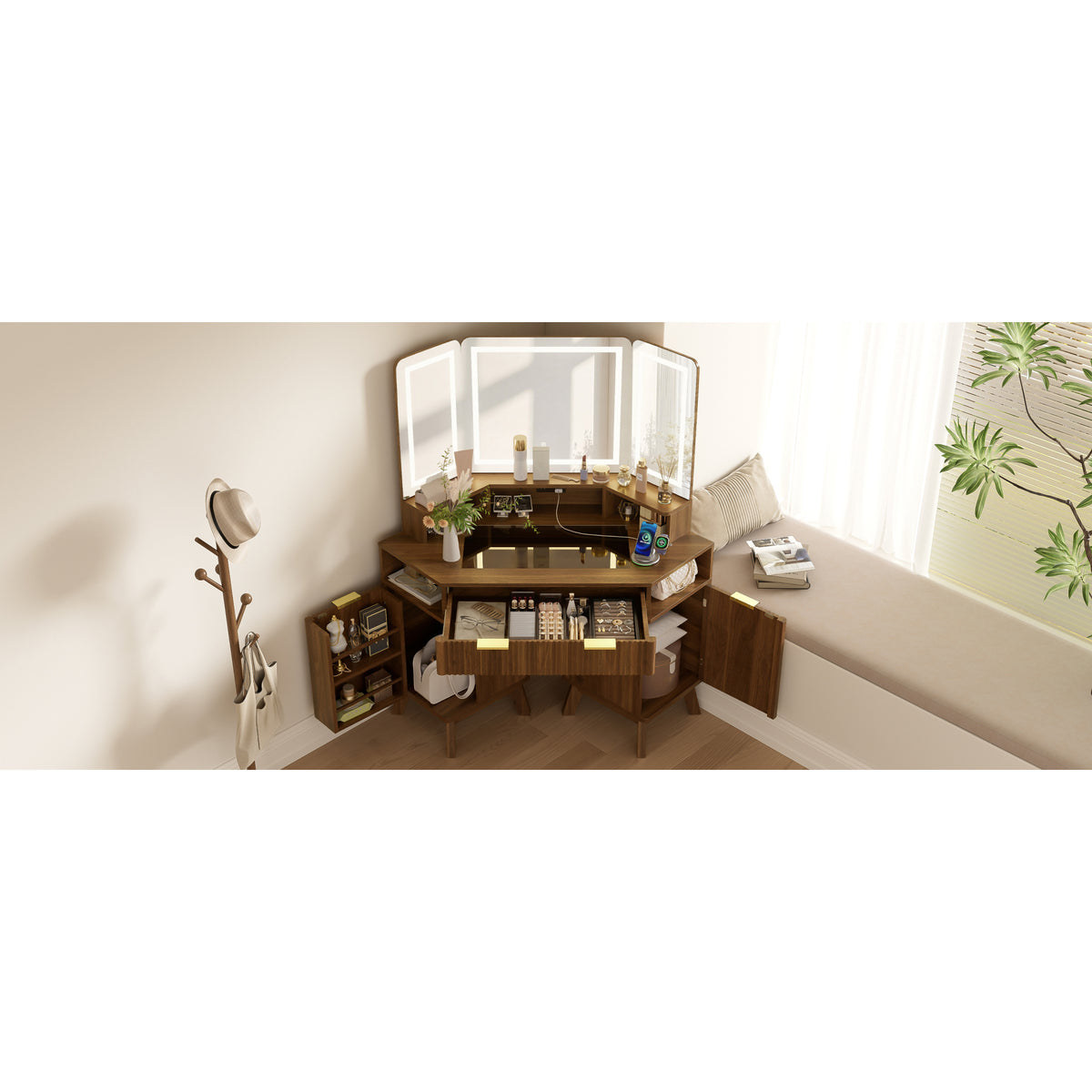 variant-group:rf-n704p392485p|Roomfitters 47.2" Corner Makeup Vanity Desk with 3-Panel LED Mirror, Glass Top, Charging Station and Storage Hutch, Walnut