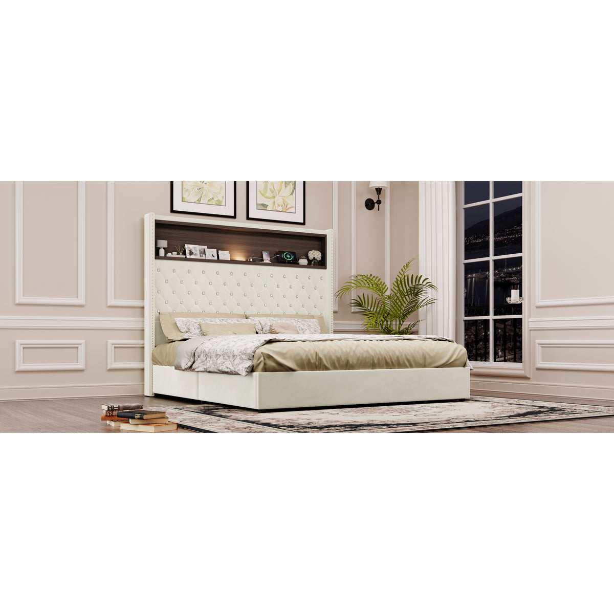 variant-group:rf-n733p367135a|Roomfitters Queen Velvet Tufted Platform Bed with Charging Ports, Tall Wingback Headboard with Rivet Trim and Shelf, Beige