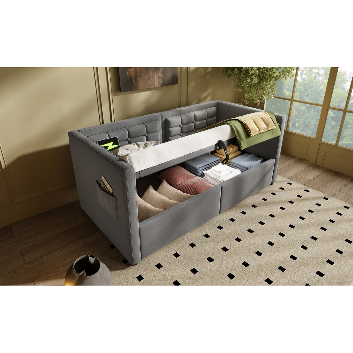 variant-group:rf-n736p303402g|Roomfitters Upholstered Twin Size Daybed with Storage, USB & Type-C Charging, Tufted Sofa Back, Velvet Gray