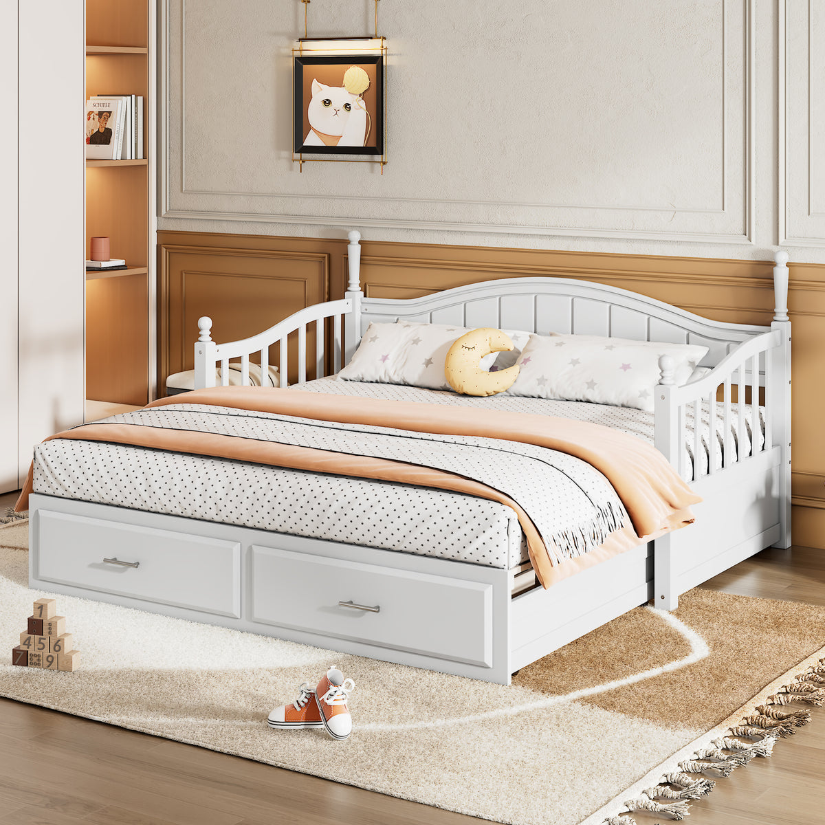variant-group:rf-n733s173459k|Roomfitters Wooden Twin Size Daybed with Extendable Frame, Twin Trundle and Additional Storage Drawers, White
