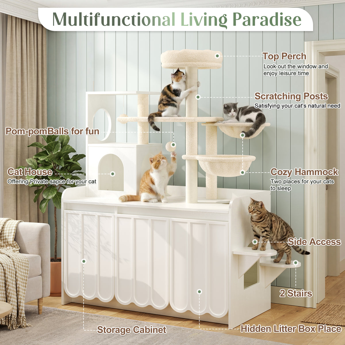 variant-group:rf-n704p443505k|Roomfitters All-in-One Modern Multi-Level Cat Tree Tower Condo with Hidden Litter Box Enclosure Space White