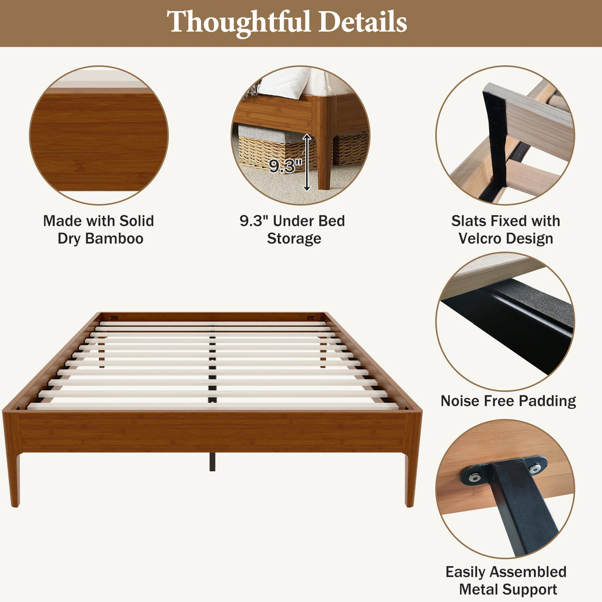 Roomfitters 15 Inch Queen Size Solid Bamboo Wood Platform Bed Frame, Noise Free Metal Support, No Box Spring, Brown Roomfitters