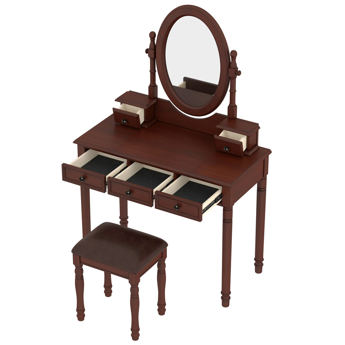 Roomfitters Vintage Vanity Desk with Adjustable Mirror, Makeup Table and Cushioned Stool Set, Wooden Dressing Table with 5 Drawers and Velvet Lining, Walnut