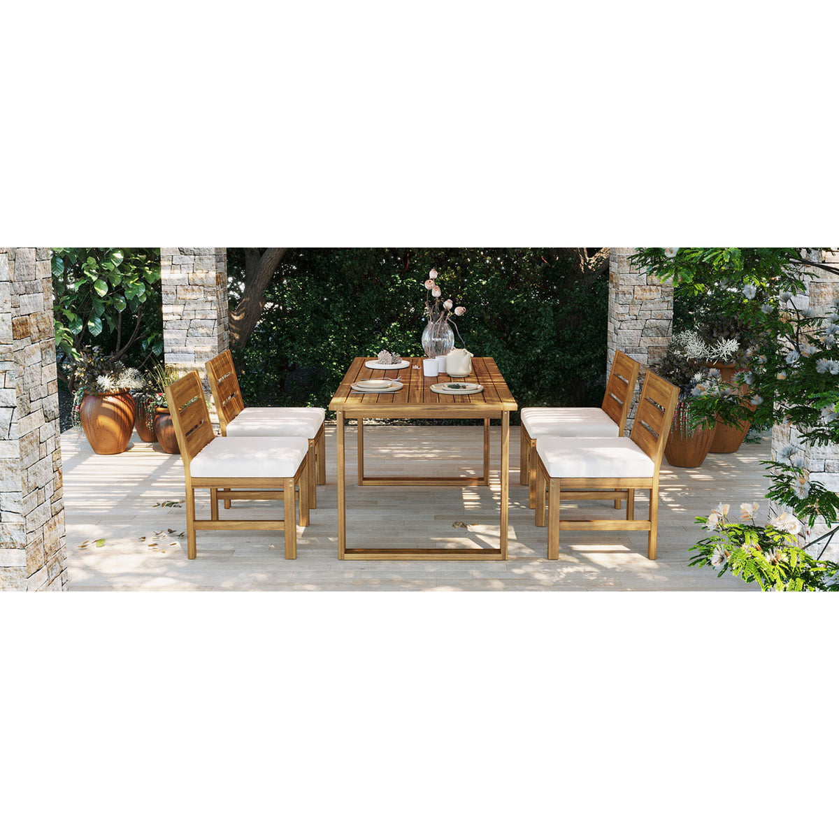 variant-group:rf-n711wy000497aaa|Roomfitters Farmhouse 5-Piece Outdoor Dining Set for 4, Acacia Wood Table and Chair Pack, Beige and Natural Slatted