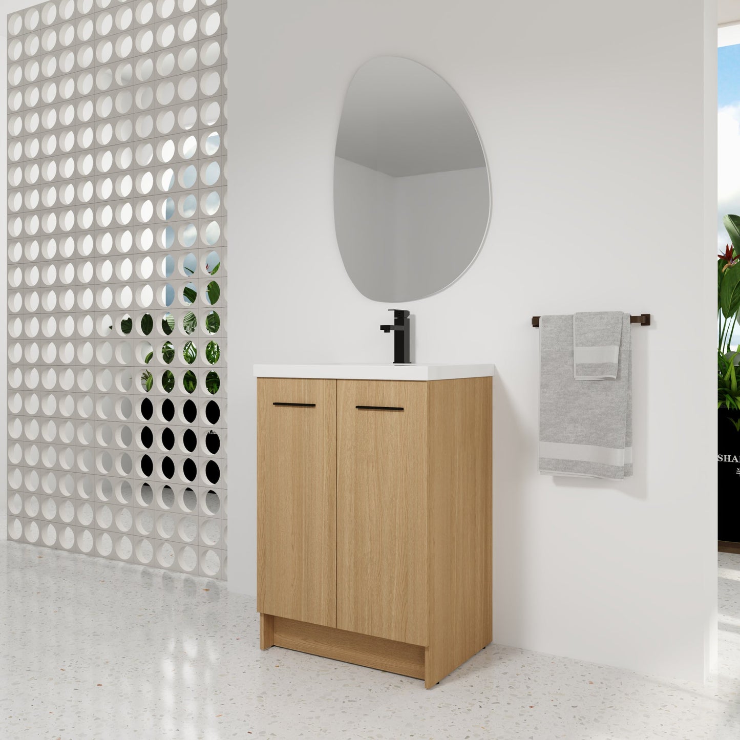 24" Freestanding Bathroom Vanity with Resin Sink, Light Oak, Double Door Storage, KD (Ready-to-Assemble), Includes Black & Brushed Aluminum Handles Roomfitters