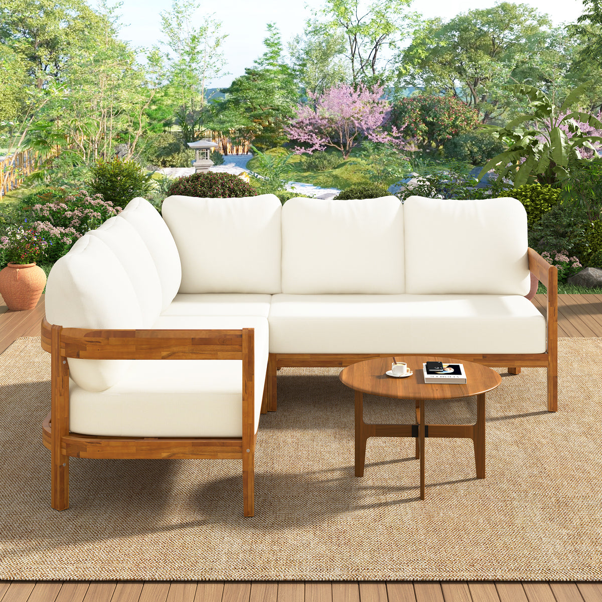 variant-group:rf-n711wy000481aaa|Roomfitters Modern Coastal White Solid Acacia Wood L-Shaped Outdoor Patio Sectional Sofa Conversation Seating Set