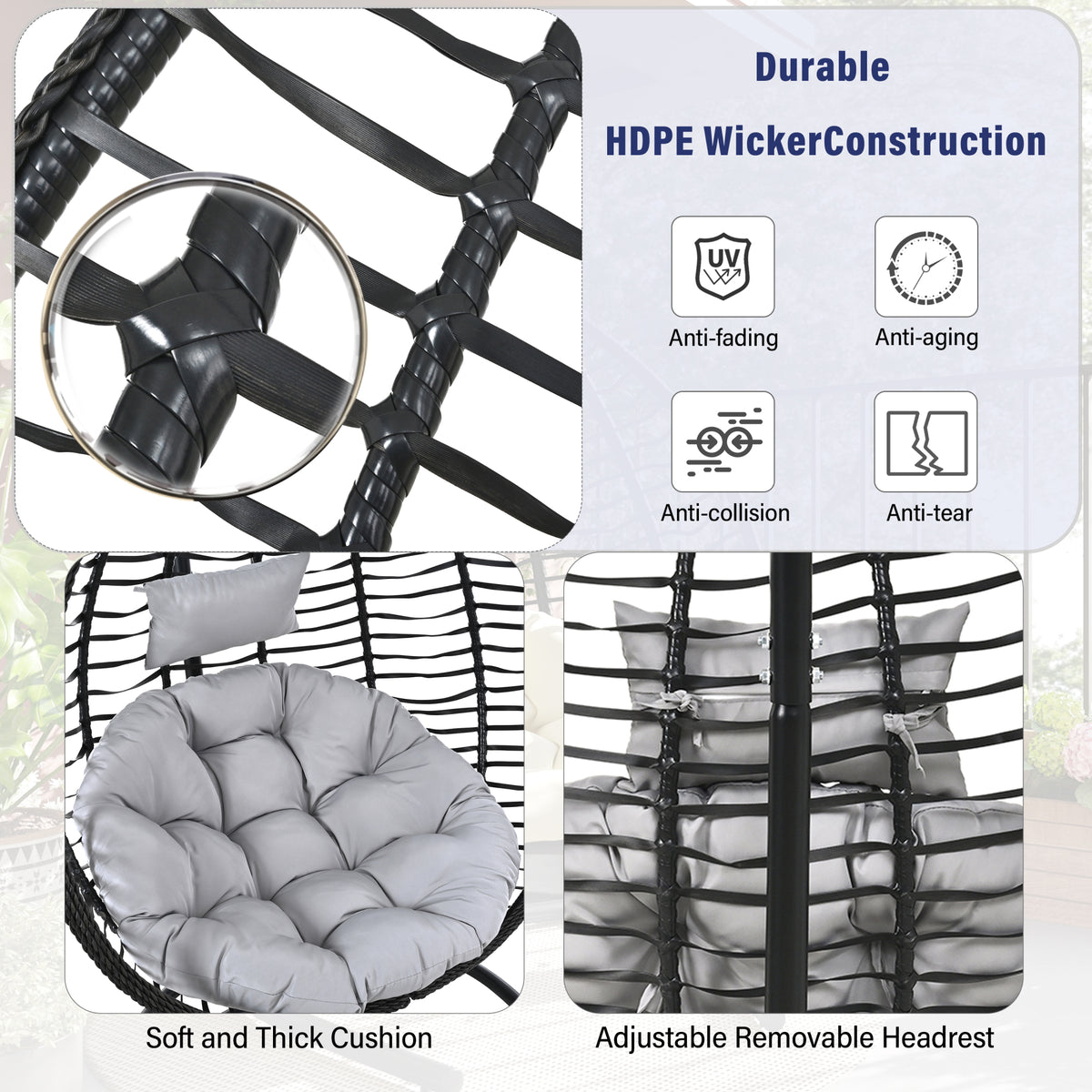 variant-group:rf-n711p389502e|Roomfitters Indoor Outdoor Hanging Egg Hammock Chair with Stand, Wicker Rattan Swing for Patio and Bedroom, Black+ Gray
