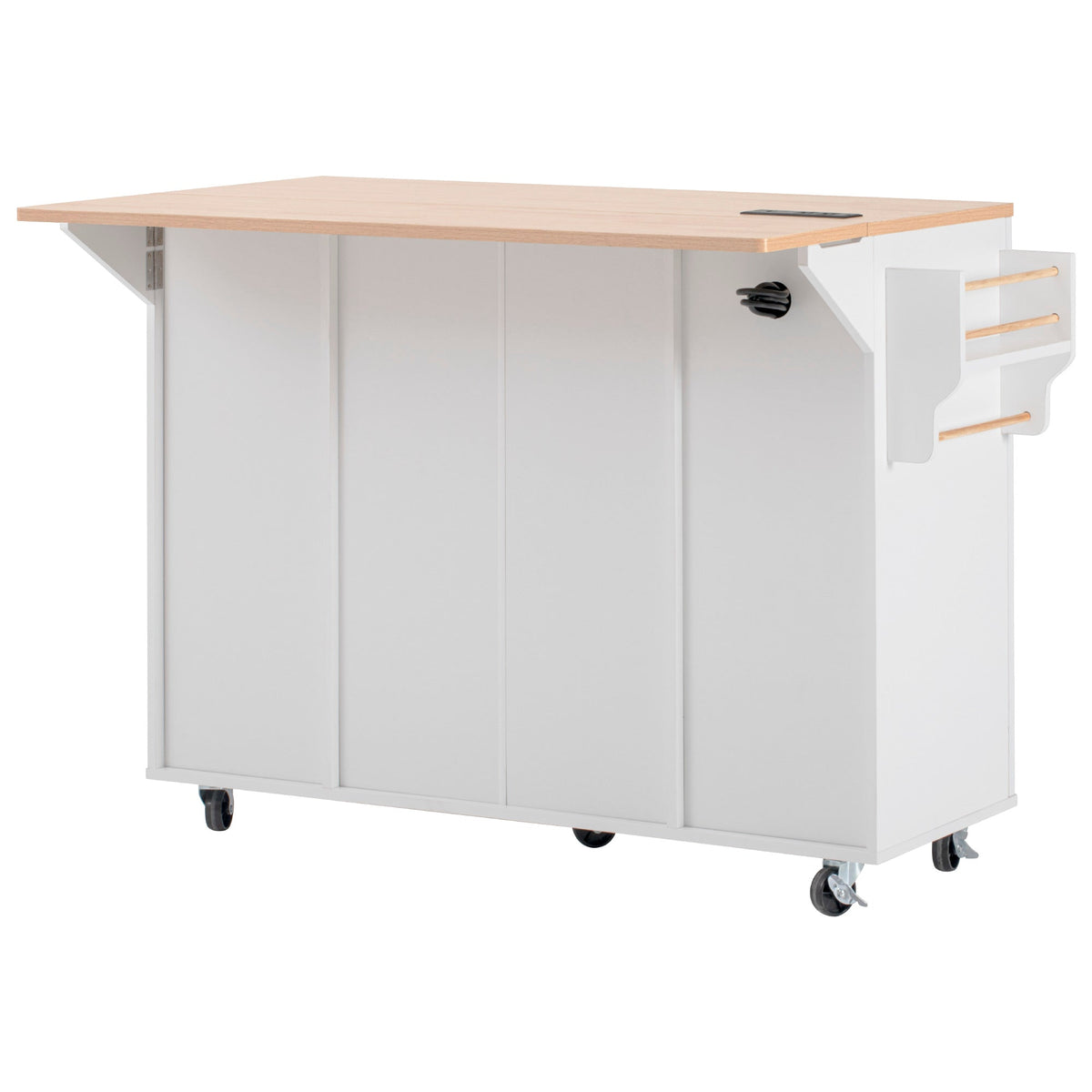 Roomfitters 55.5" Kitchen Island with Power Outlet and Drop Leaf, Rolling Storage Cabinet with Fluted Door Design, White