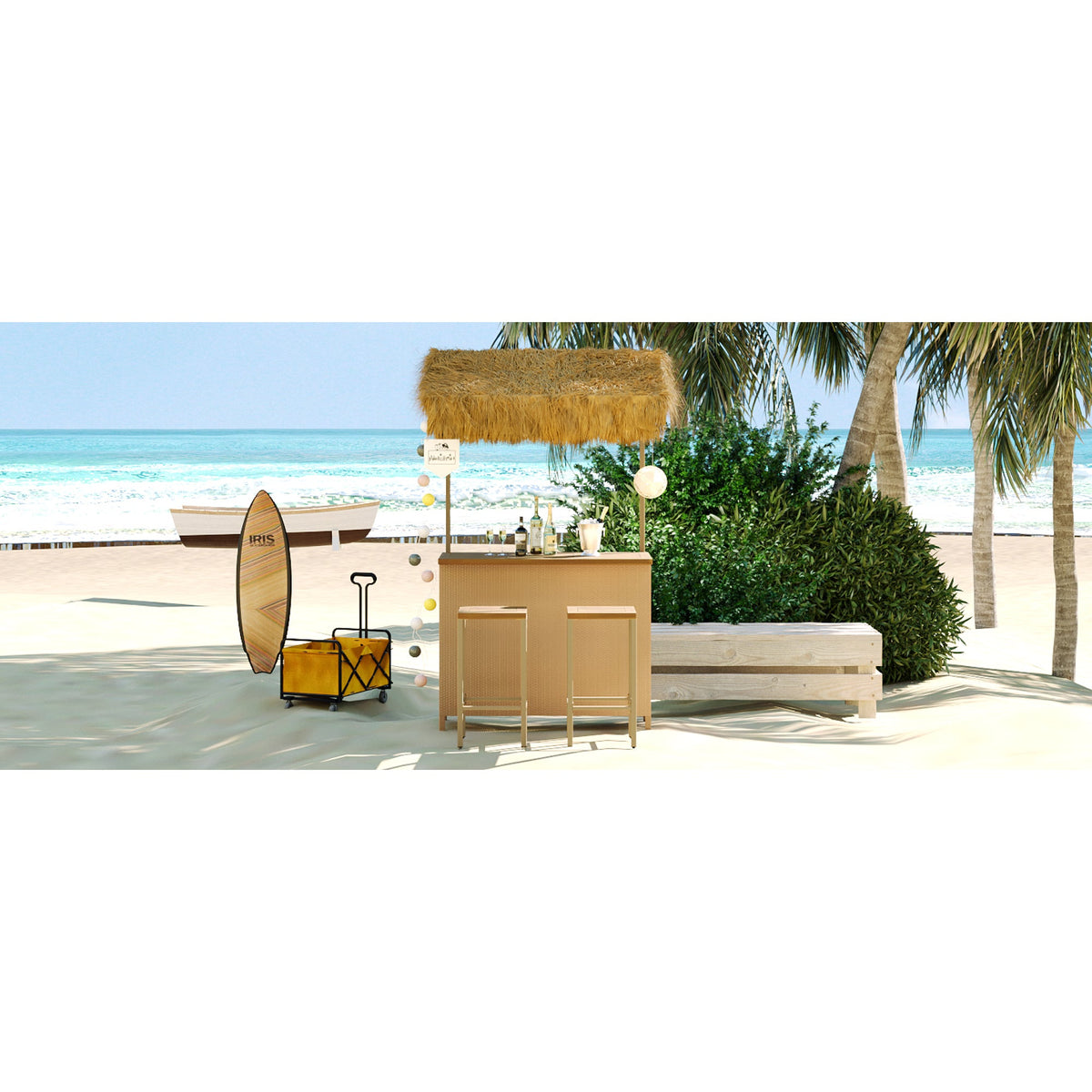 Roomfitters Bar Height Patio Set with PE Grass Canopy, Outdoor Bar Table and Stools, Hawaiian-style Acacia Wood Top, Natural Roomfitters