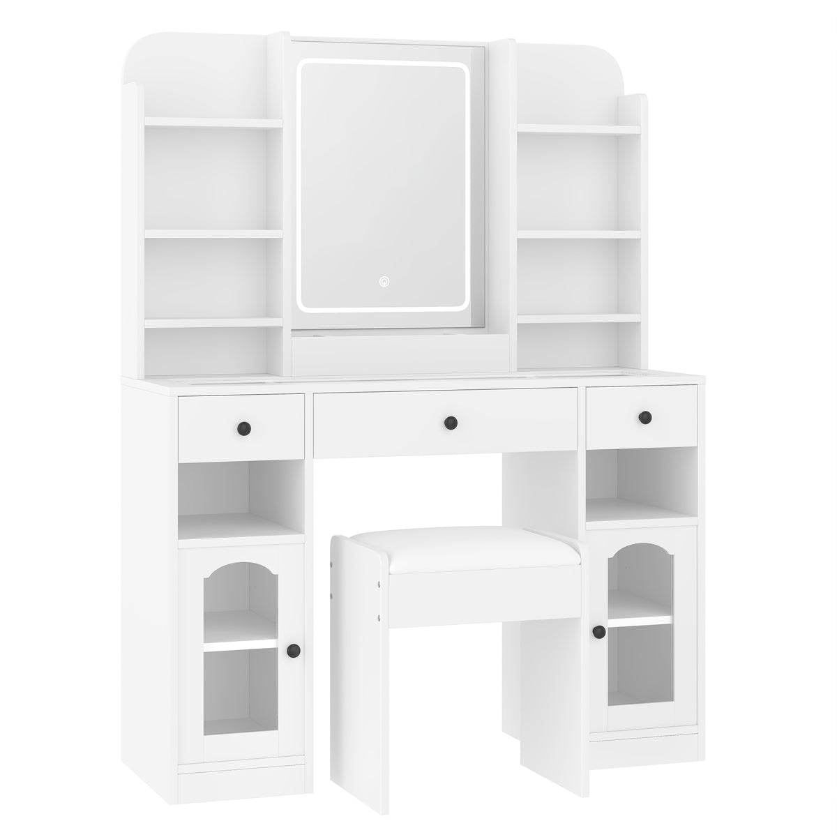 variant-group:rf-n704p407114k|Roomfitters 43.2" Makeup Vanity Desk with LED Lighted Mirror, Glass Door Cabinets, Charging Station and Stool, White