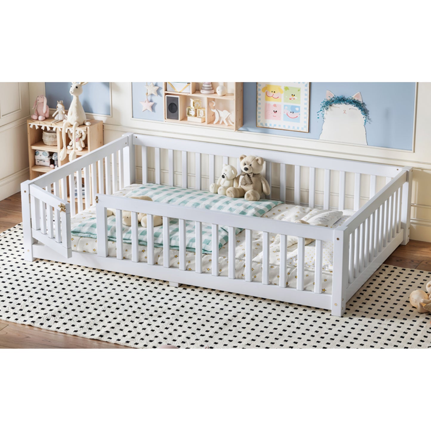 variant-group:rf-w1580p462317|Roomfitters Full Size Wooden Floor Bed Frame with Safety Guardrails Door, Solid Wood Low Profile Toddler Play Bed, White