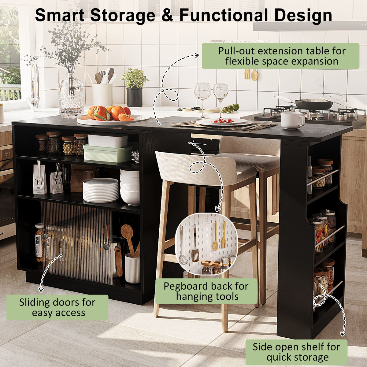 variant-group:rf-n711p437809b|Roomfitters Black MDF Counter Height Kitchen Island Sideboard Cabinet, Extendable Table, Acrylic Sliding Doors