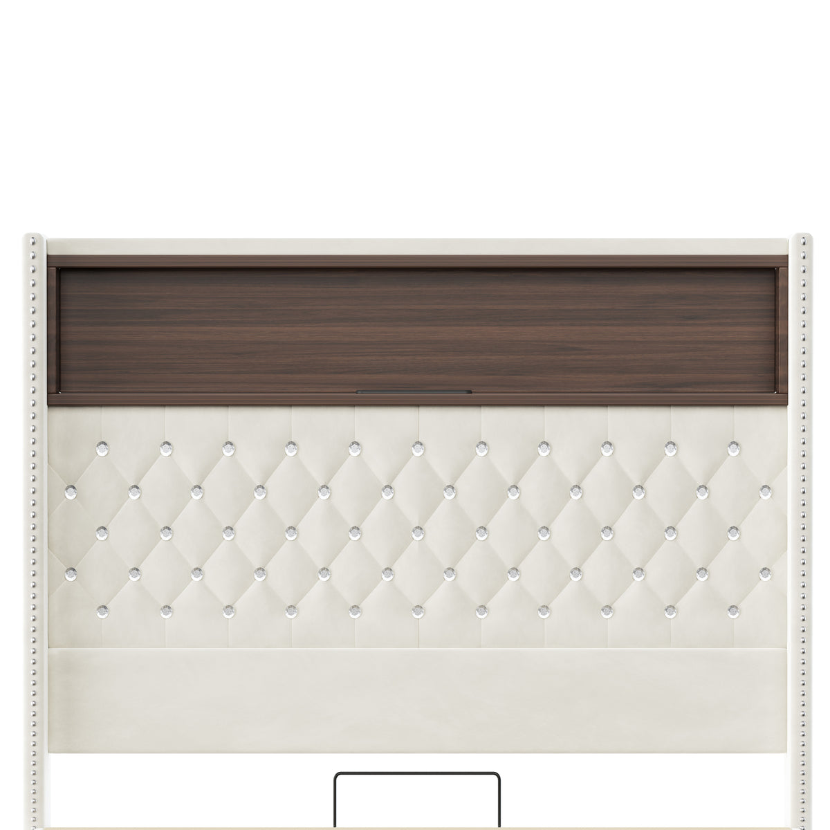 variant-group:rf-n733p368653a|Roomfitters Full Velvet Tufted Platform Bed with Charging Ports, Tall Wingback Headboard with Rivet Trim and Shelf, Beige