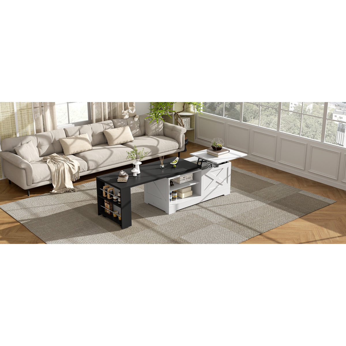 variant-group:rf-n724p351732k|Roomfitters Farmhouse Lift Top Coffee Table with Barn Doors and Outlets, White & Black
