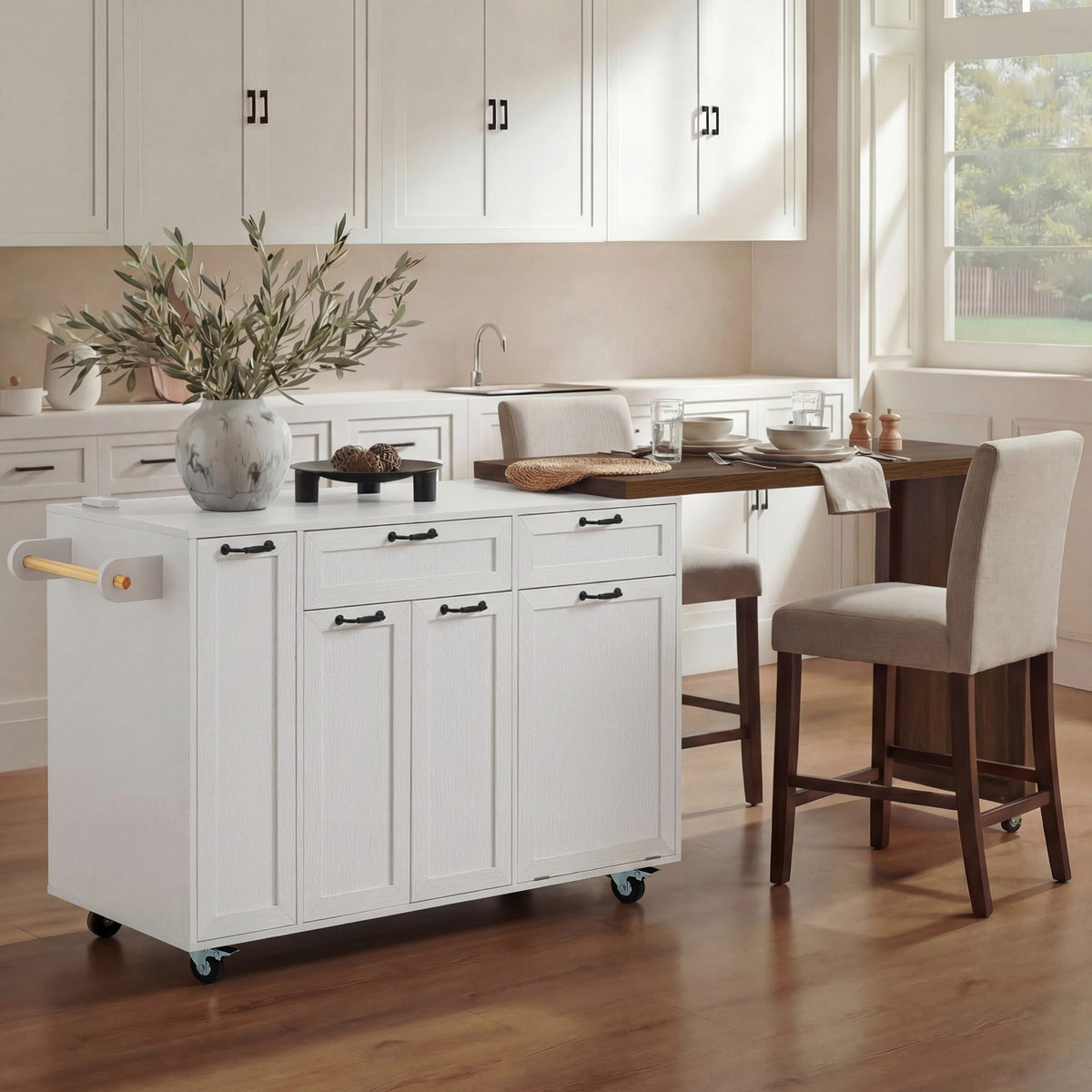variant-group:rf-n707s000026w|Roomfitters 102.3" Kitchen Island with Tilt Out Trash Can Cabinet, Rolling Storage Cart, Slide-out Spice Rack, White