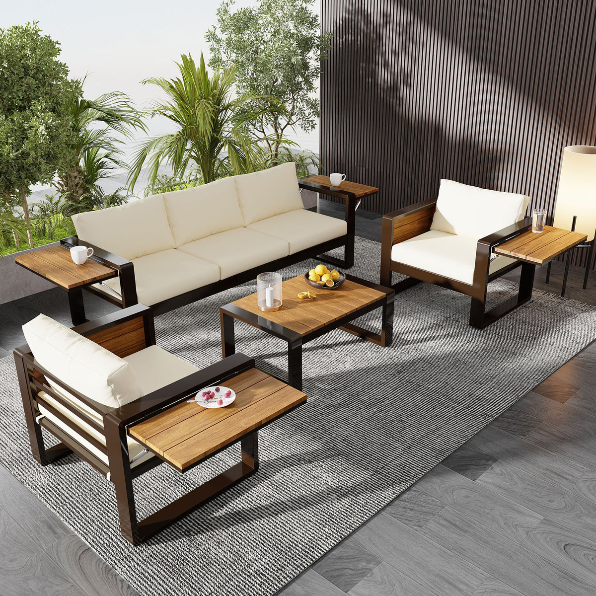 variant-group:rf-n704g201257a|Roomfitters 4-Piece Aluminum Patio Conversation Set with Four Fold-Out Side Trays and Slatted Coffee Table Beige